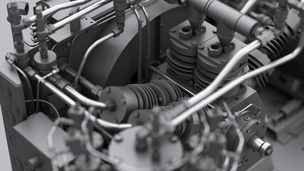Air compressor motor. Heavy industrial plant in black. Mechanical background. 3d render