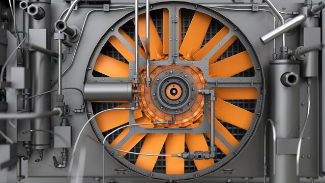 Large Industrial Fan. Industrial Installation. Part Of An Air Compressor. 3d Render