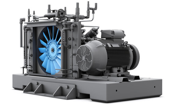 Air compressor with electric motor. Big fan. Heavy industrial plant in black. 3d render