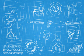 Mechanical engineering drawings on blue background. Tap tools, borer. Technical Design. Cover. Blueprint. Vector illustration.