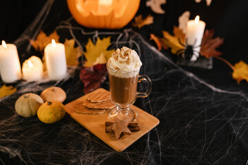 Halloween Latte. Spicy Latte Coffee in Halloween Decorations. Pumpkin, Latte, Halloween, Commercial Content