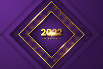Purple and Gold Happy New Year 2022 Modern banner. Premium Vector