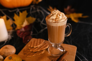 Halloween Latte. Spicy Latte Coffee in Halloween Decorations. Pumpkin, Latte, Halloween, Commercial Content