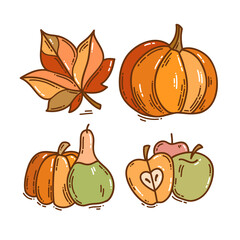 Set of colorful hand-drawn autumn harvest icons in doodle style. Cozy cute cartoon elements collection isolated on white background for seasonal decoration.