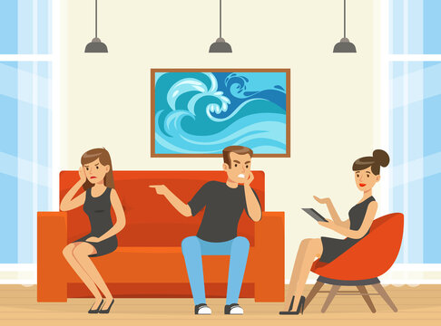 Appointment with Psychologist with Couple Having Family Therapy Vector Illustration