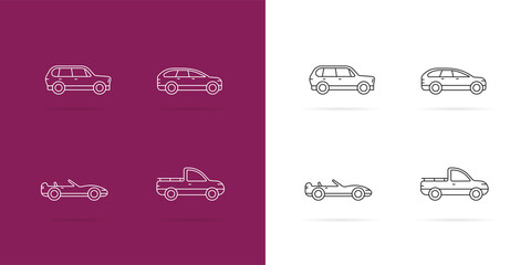 Cars icons Set. White lines style on dark and white background.