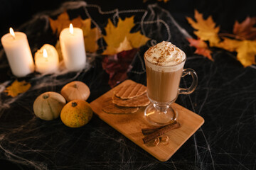 Halloween Latte. Spicy Latte Coffee in Halloween Decorations. Pumpkin, Latte, Halloween, Commercial Content