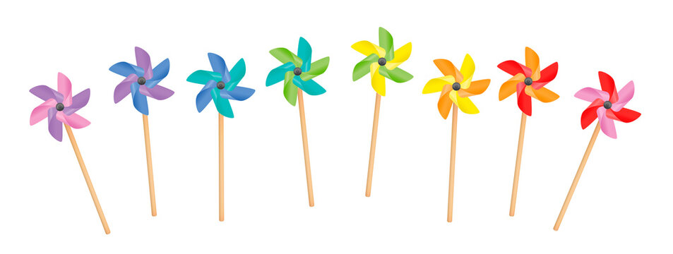 Pinwheels - colorful rainbow set, loosely arranged, spinning toys with wooden sticks. Isolated vector illustration on white background.
