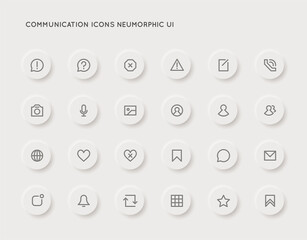 Neumorphic Communication User Interface (UI) Vector Icon Set. High Quality Minimal Lined Icons. Neuromorphism.