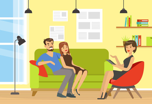Appointment with Psychologist with Couple Having Family Therapy Vector Illustration