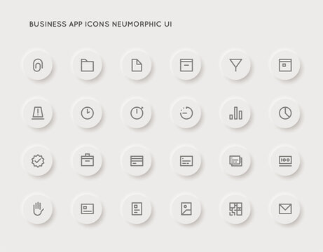 Neuromorphic Business User Interface (UI) Vector Icon Set. High Quality Minimal Lined Icons. Neuromorphism.