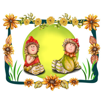 sfondo colorato naturale con cornice, simpatici personaggi del bosco, girasoli e foglie disegnati a mano