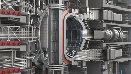 ITER Fusion Reactor. Tokamak. Thermonuclear Experimental power plant. Industrial zone with power station atomic energy production. 3D Render