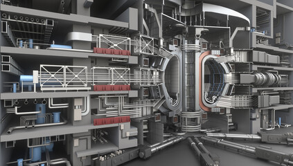 ITER Fusion Reactor. Tokamak. Thermonuclear Experimental power plant. Industrial zone with power station atomic energy production. 3D Render