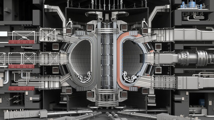 ITER Fusion Reactor. Tokamak. Thermonuclear Experimental power plant. Industrial zone with power station atomic energy production. 3D Render - obrazy, fototapety, plakaty