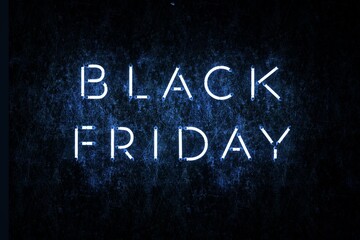 Black Friday advertising banner. 3D graphics, illustration of Black Friday with neon illumination on a dark blue isolated background