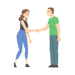 Man and Woman Character Shaking Hand as Brief Greeting or Parting Tradition Vector Illustration