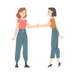 Woman Character Shaking Hand as Brief Greeting or Parting Tradition Vector Illustration