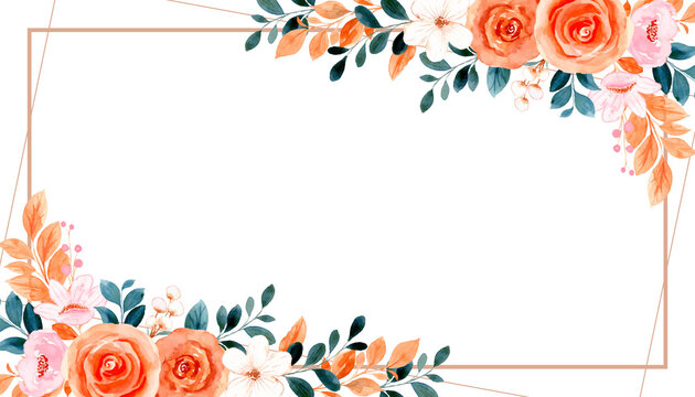 Watercolor orange rose flower frame background