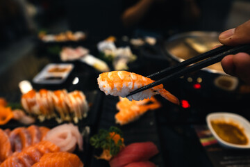 Sashimi and sashimion a plate in a Japanese restaurant