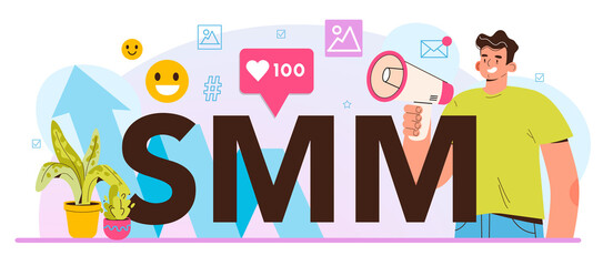 SMM typographic header. Social media marketing, advertising