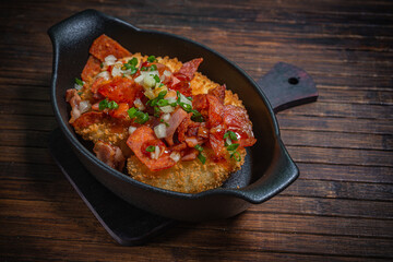 Meat stew with baked potatoes- hunter style. Fastfood- restaurant concept