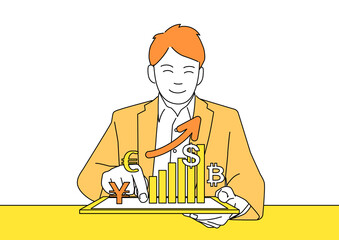 オレンジ色のタブレットPCで資産運用するビジネスマン