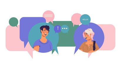 Young people chatting online in social network. Social media and internet communications concept with cartoon characters in speech bubbles, flat vector illustration.