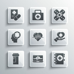 Set Laptop with cardiogram, Medical clipboard, Heart cross, rate, Medicine bottle, Male head hospital, prescription and Crossed bandage plaster icon. Vector