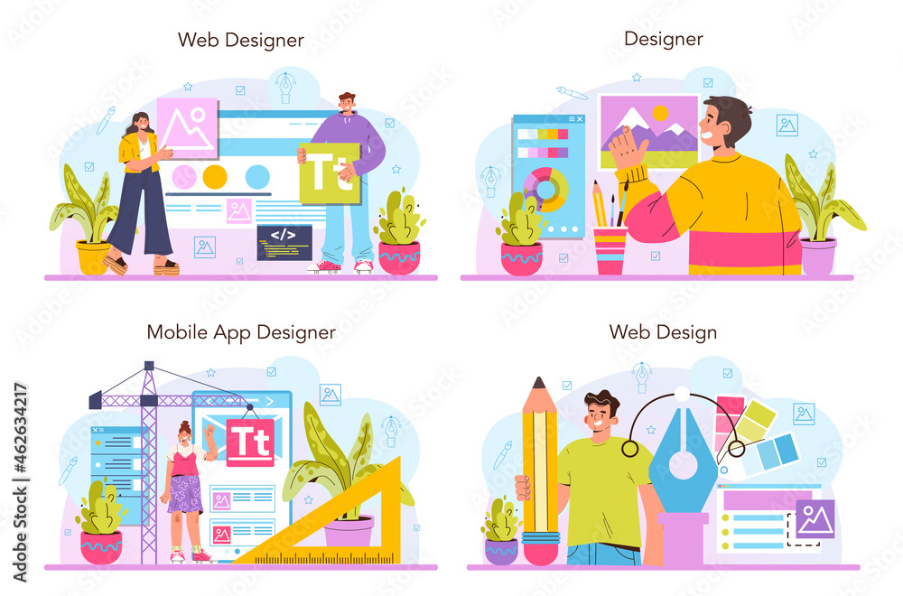 Wall mural web designer concept set. interface and content presentation design