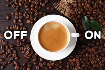 Coffee break. Cup of aromatic hot drink and beans on wooden table, flat lay