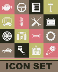 Set Timing belt kit, Car tire wheel, battery, inspection, spark plug, wash, Check engine and Screwdriver and wrench spanner icon. Vector