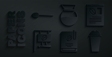 Set Coffee book, Newspaper and coffee, Street signboard, Milkshake, Pour over maker and Spoon icon. Vector