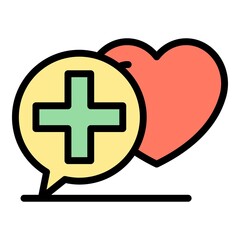 Cross in chat bubble and heart icon. Outline cross in chat bubble and heart vector icon color flat isolated