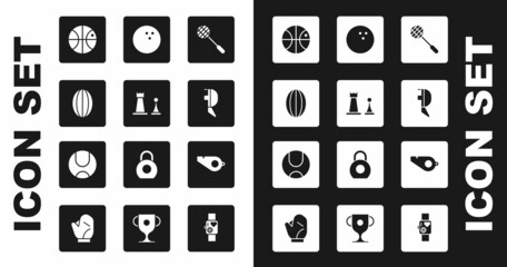 Set Tennis racket, Chess, Rugby ball, Basketball, Fencing helmet mask, Bowling, Whistle and icon. Vector