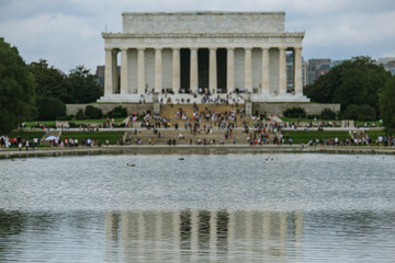 Lincoln Memorial landmark shrine hall is a presidential memorial site built in Washington, D.C. at Reflecting Pool with picturesque tree nature landscape and ducks
