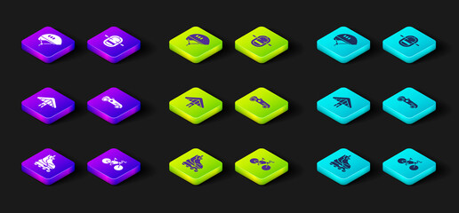 Set Roller skate, Bicycle, Hang glider, Vintage sport racing car, Rafting boat and helmet icon. Vector