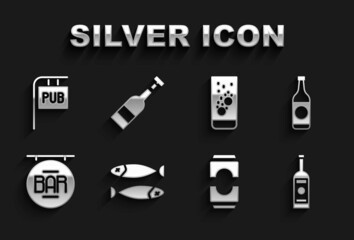 Set Dried fish, Beer bottle, Glass of vodka, can, Street signboard with Bar, Effervescent tablets in water, Pub and Opened wine icon. Vector