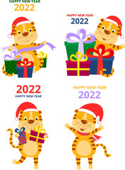  vector festive set stickers
funny new year tigers. symbol Chinese New Year 2022.  
gift boxes. santa claus hat. Christmas. eps  template 
congratulatory print on a transparent 
background for  card