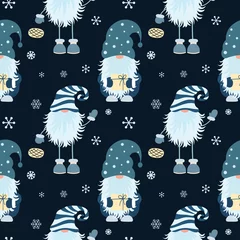 Gardinen Weihnachtsnahtloses Muster mit skandinavischem Gnom und Schneeflocken. © Nataliia Pyzhova