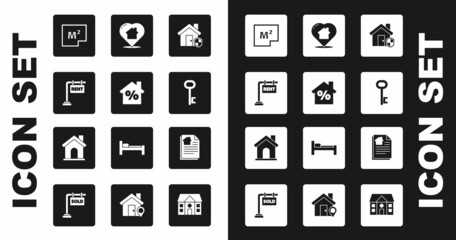 Set House under protection, with percant discount, Hanging sign Rent, plan, key, heart shape, contract and icon. Vector
