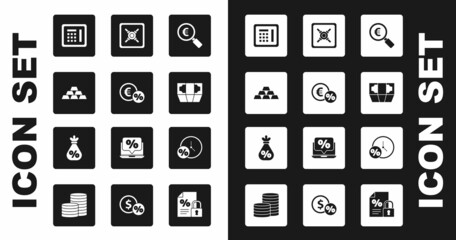 Set Magnifying glass and euro, Money coin with percent, Gold bars, Safe, Stacks paper money cash, Clock and bag icon. Vector