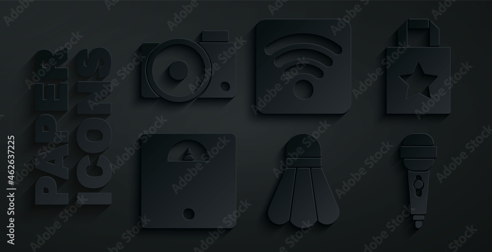 Canvas Prints Set Badminton shuttlecock, Paper shopping bag, Bathroom scales, Microphone, Wi-Fi wireless internet network and Photo camera icon. Vector