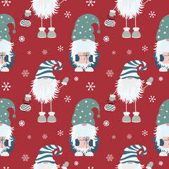 Christmas seamless pattern with scandinavian gnome and snowflakes.