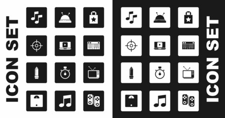 Set Paper shopping bag, Online play video, Target sport, Music note, tone, synthesizer, Needle bed and needles, Retro tv and Pencil with eraser icon. Vector