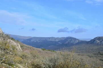 Fototapeta premium Mountain landscape. Beautiful view of the Crimean Mountain of Ilyas-Kai mountain. 