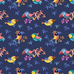 Cute colorful cartoon bird on branch with flowers and leaf on blue background seamless pattern.