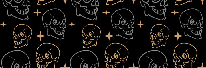 Background pattern with skulls on black background. Seamless pattern for wallpaper. Vector image
