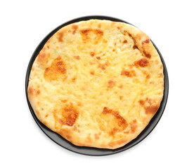 Delicious khachapuri with cheese on white background, top view