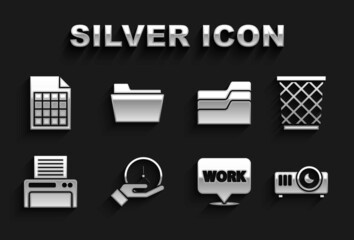 Set Clock, Trash can, Movie, film, media projector, Location with text work, Printer, Document folder, File document and icon. Vector